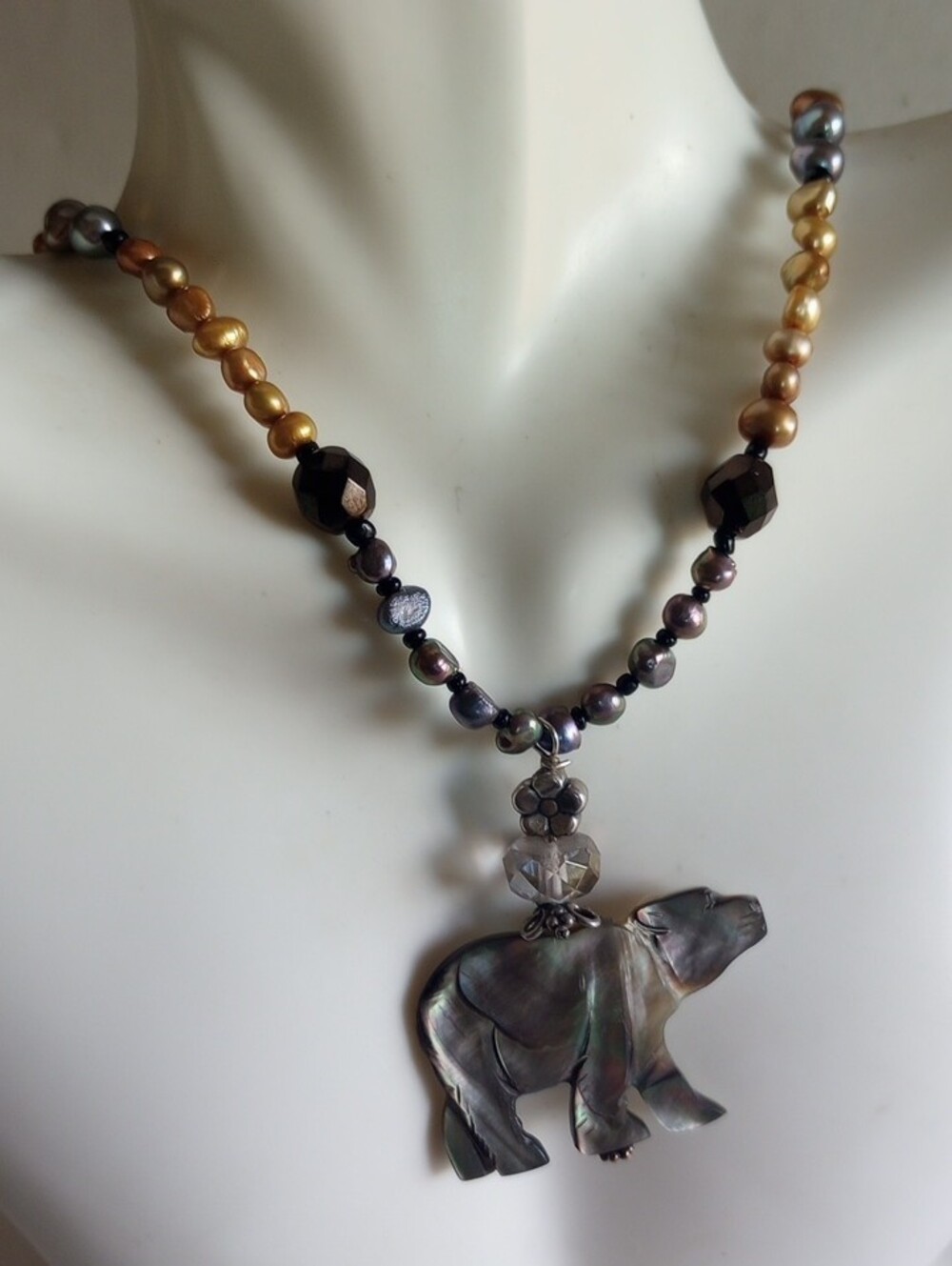 Sterling Silver Abalone Bear Pendant Necklace Baroque Black/Gold Pearls 18" Long
